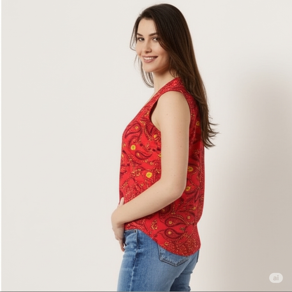 Liz Claiborne Red Paisley collared sleeveless petite blouse pullover V-neck S